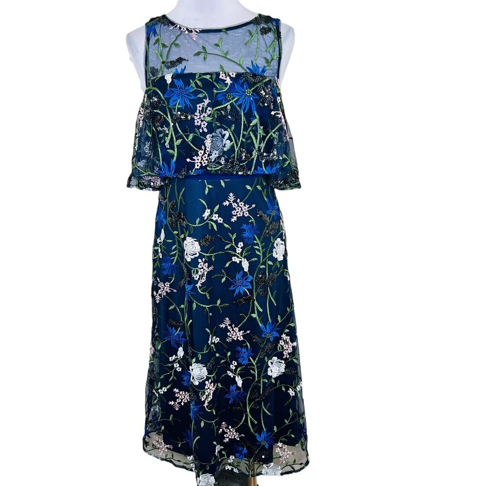 JS Collections Amira Popover Tea Dress 2 XS Floral Embroidered Midi Sequin Navy - Picture 2 of 13